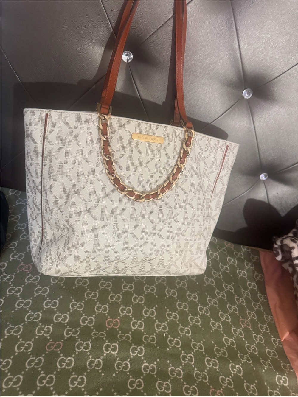 Michael Kors Cream Signature Logo Tote with Brown Leather Straps and Gold Chain